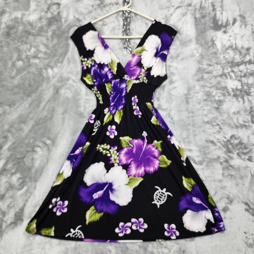 Steven Wear‎ Dress Womens M Black Purple Floral Turtle V-Neck Smocked Waist